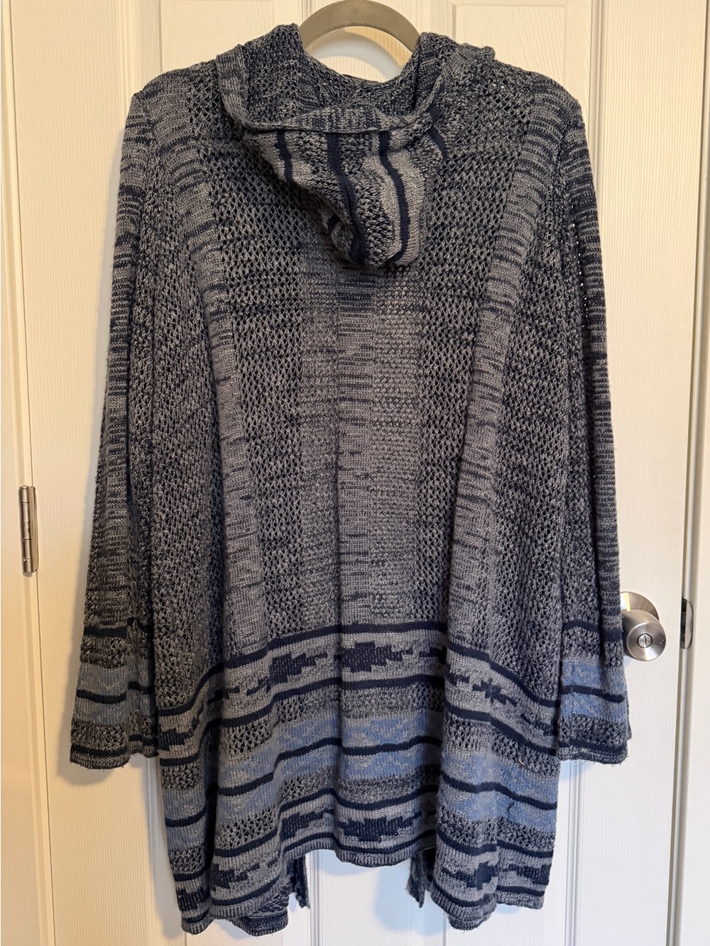 One World Blue Hooded Open Knit Boho Cardigan Sweater 2X Mountain Boho - Picture 8 of 9